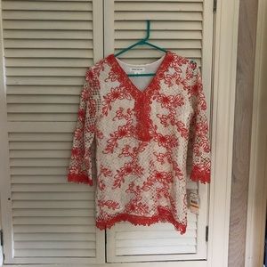 Coral orange and cream embroidered top